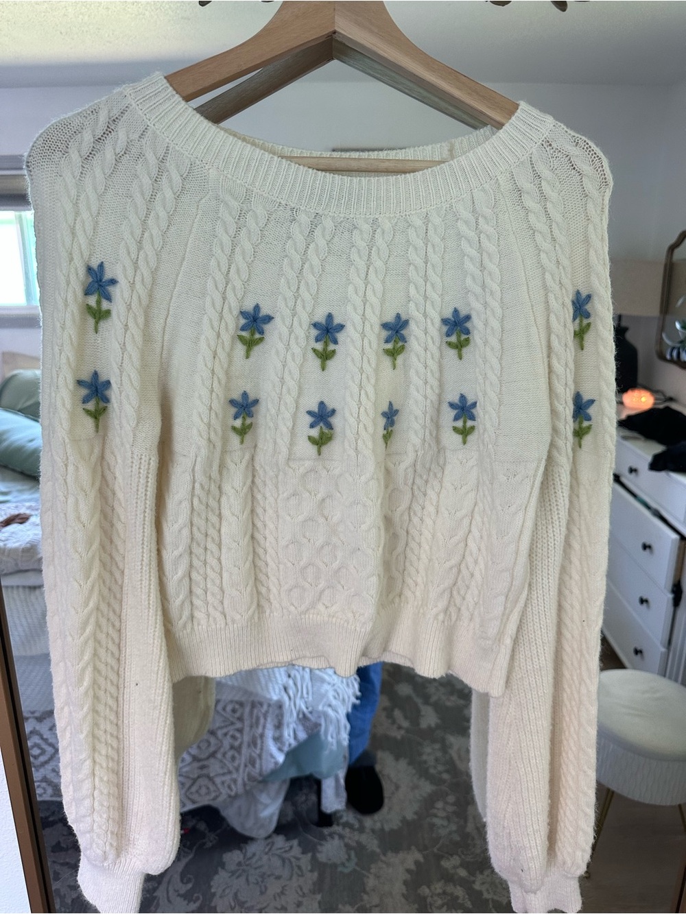 Cider Cream Cable-Knit Sweater with Blue Floral Embroidery